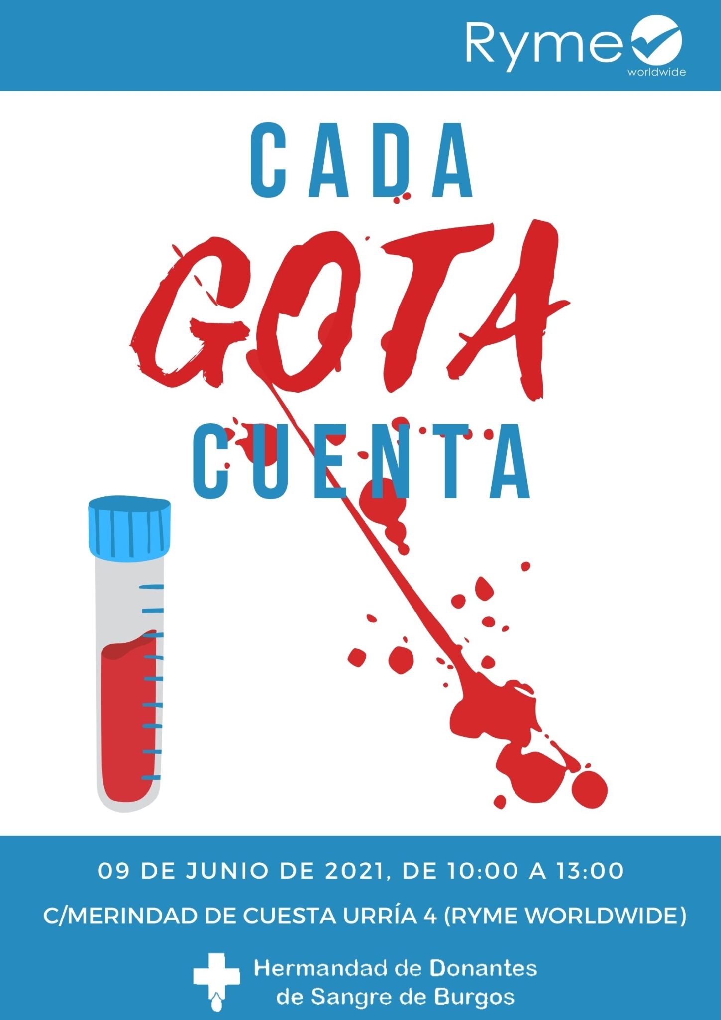 Cartel sobre la donación de Sangre en Ryme Worldwide el dia 9 de junio de 2021